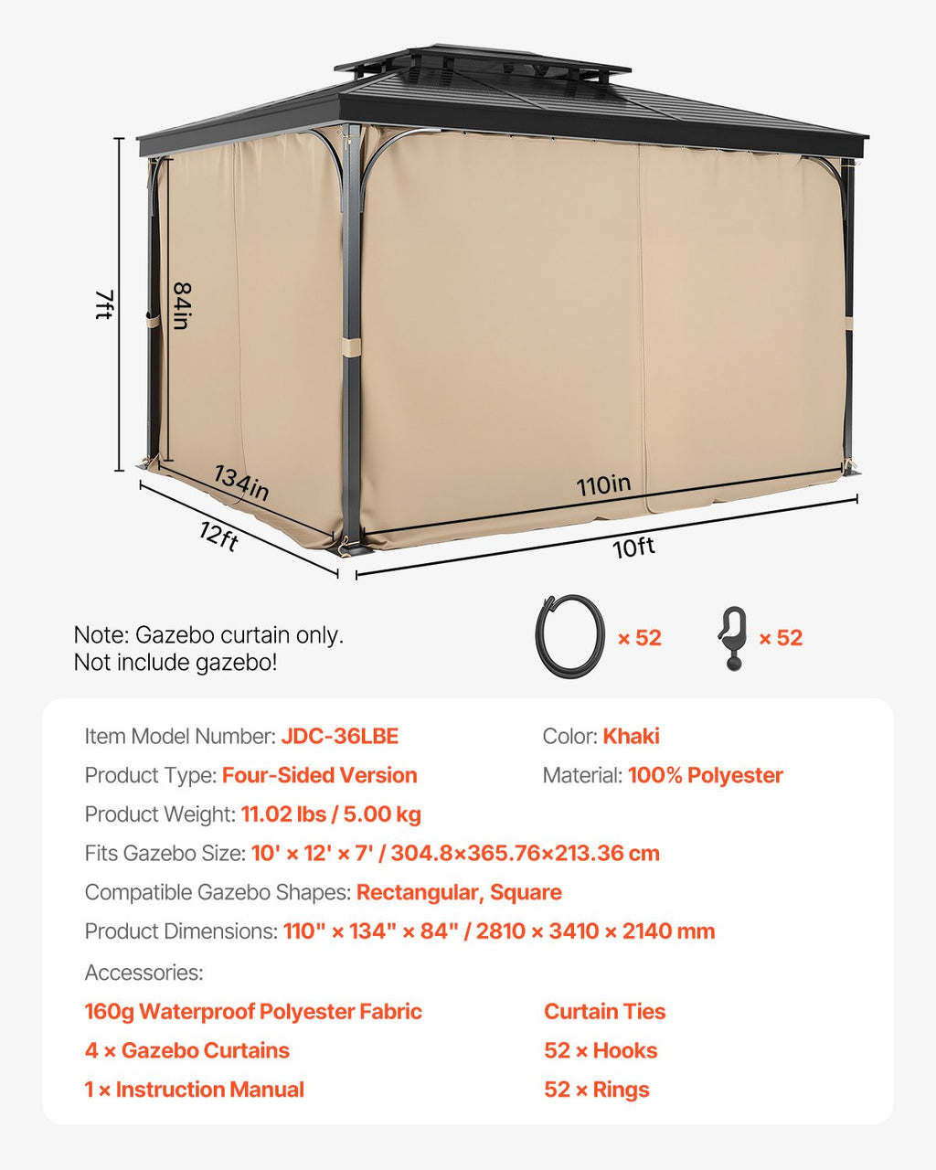 Pavėsinės užuolaidos VEVOR JDC-36LBE, 3,4 x 2,8 m