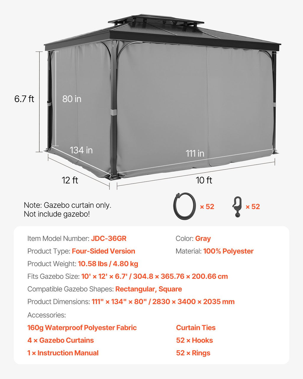 Pavėsinės užuolaidos VEVOR JDC-36GR, 3 x 3,6 m