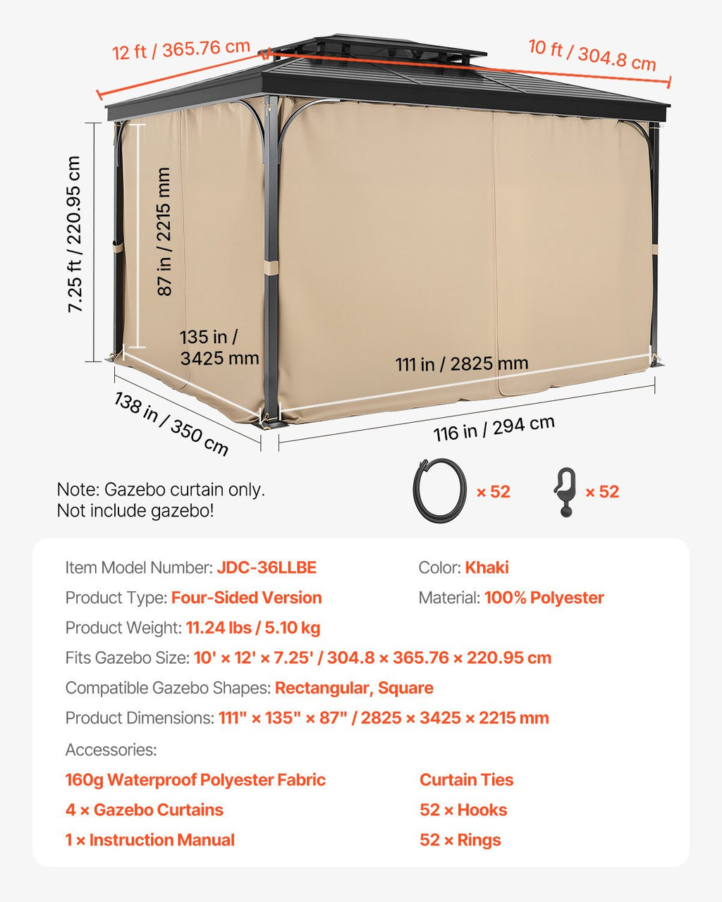 Pavėsinės užuolaidos VEVOR JDC-36LLBE, 3 x 3,6 m