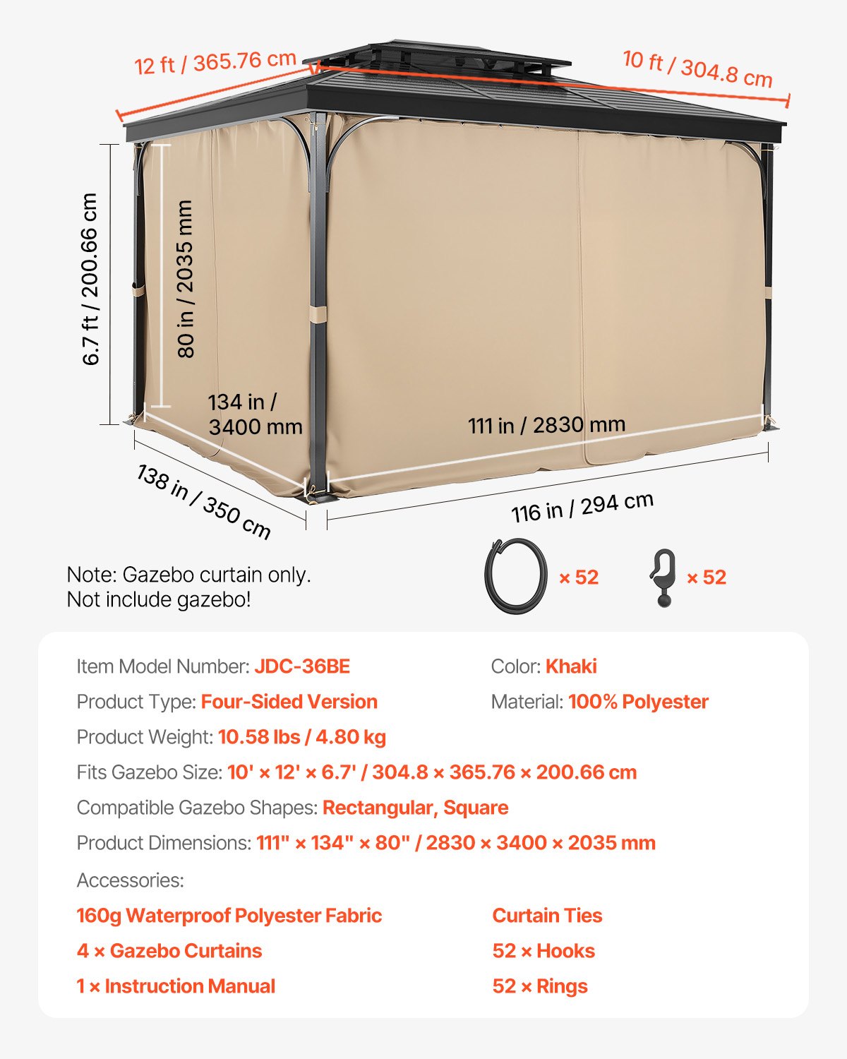 Pavėsinės užuolaidos VEVOR JDC-36BE, 3,6 x 3 m