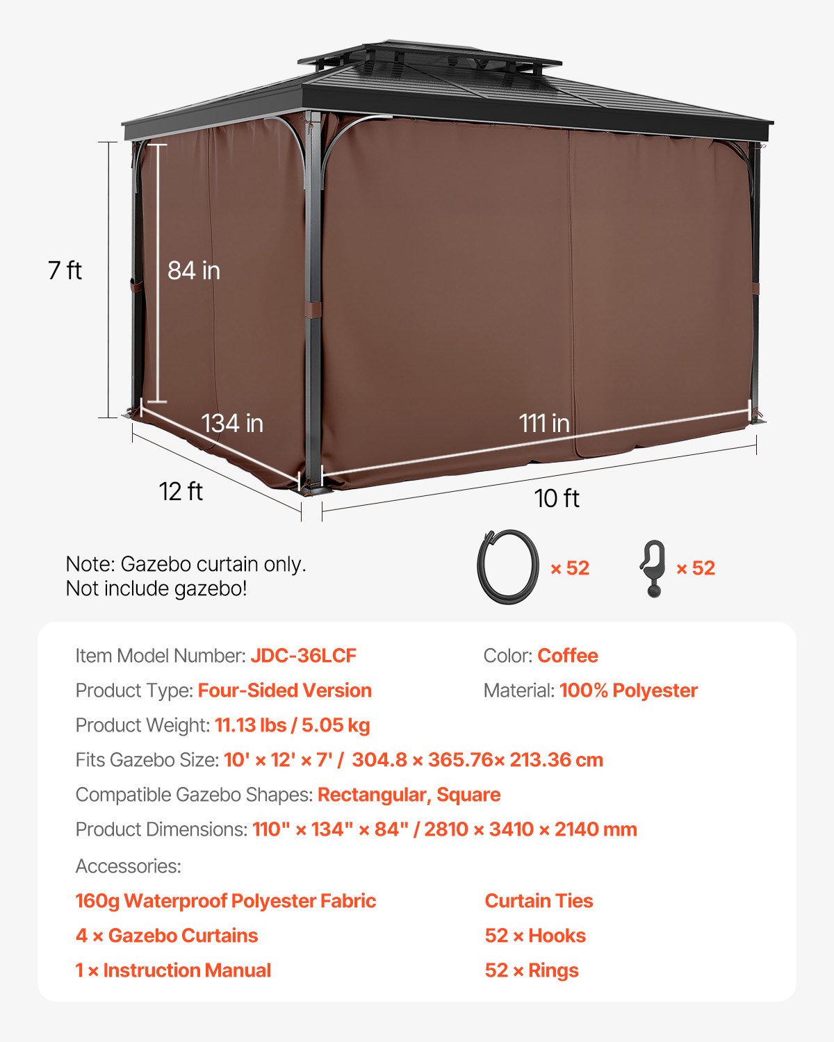 Pavėsinės užuolaidos VEVOR JDC-36LCF, 3 x 3,6 m