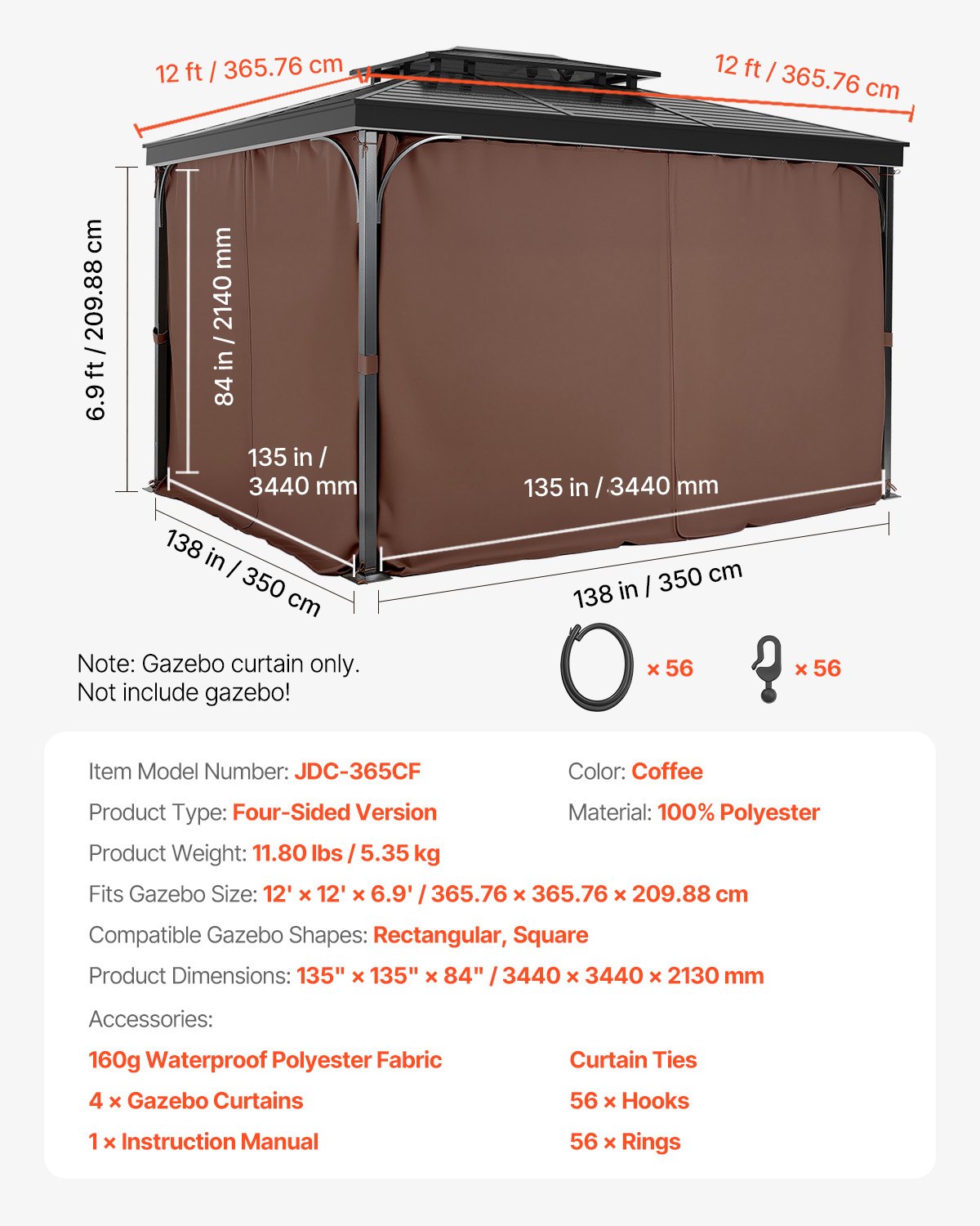 Pavėsinės užuolaidos VEVOR JDC-365CF, 3,44 x 3,44 m