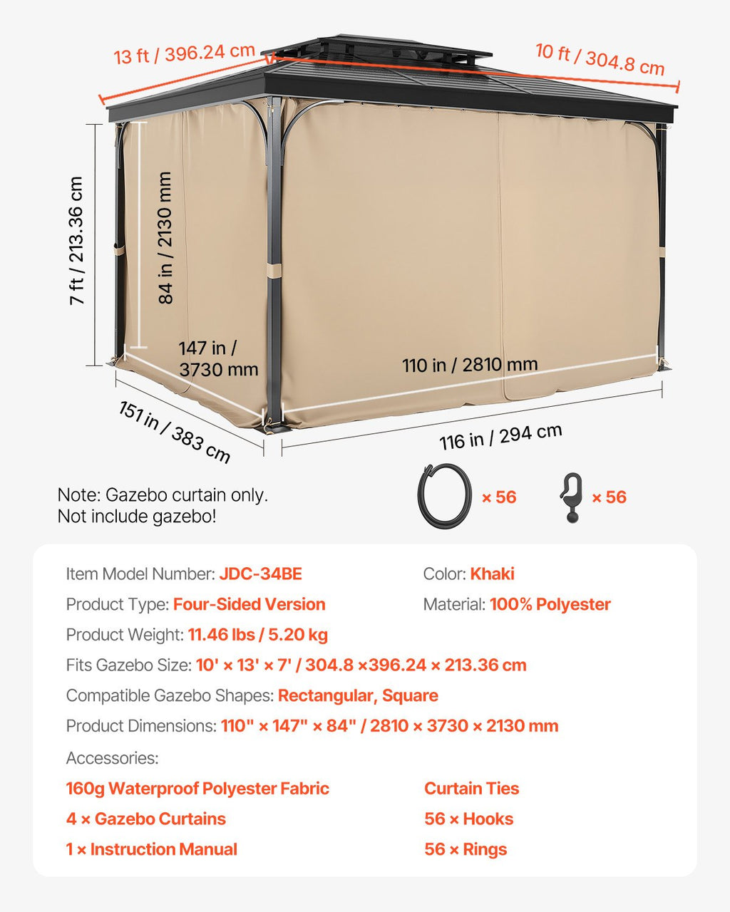 Lauko pavėsinės užuolaidos VEVOR JDC-34BE, 3 x 4 m