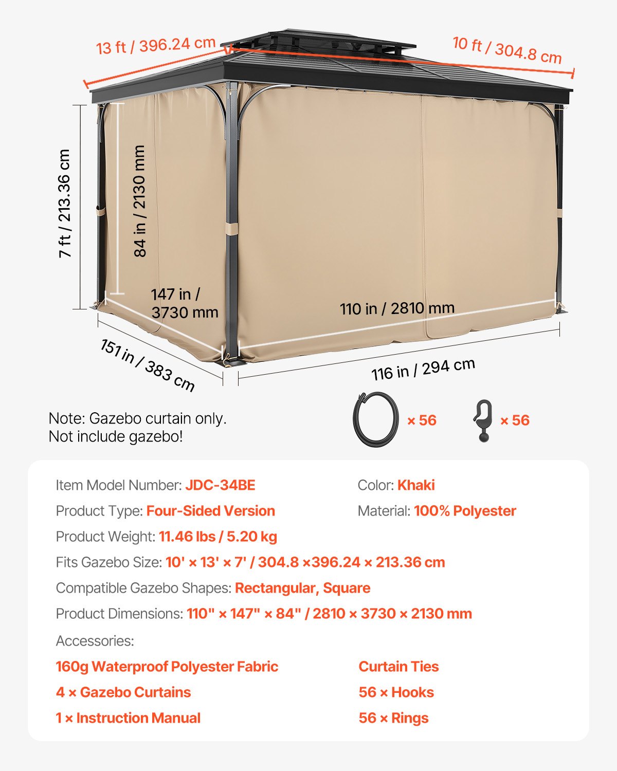 Lauko pavėsinės užuolaidos VEVOR JDC-34BE, 3 x 4 m