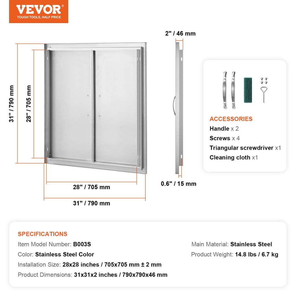 Lauko virtuvės durelės VEVOR B003S, 790x790 mm