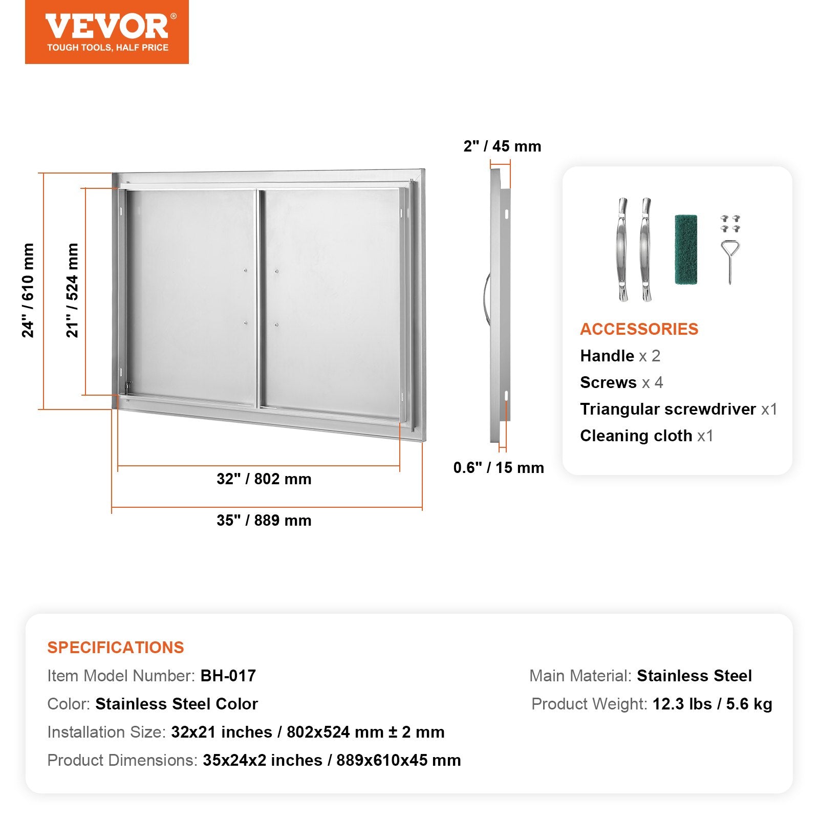 Lauko virtuvės durelės VEVOR BH-017, 889x610 mm
