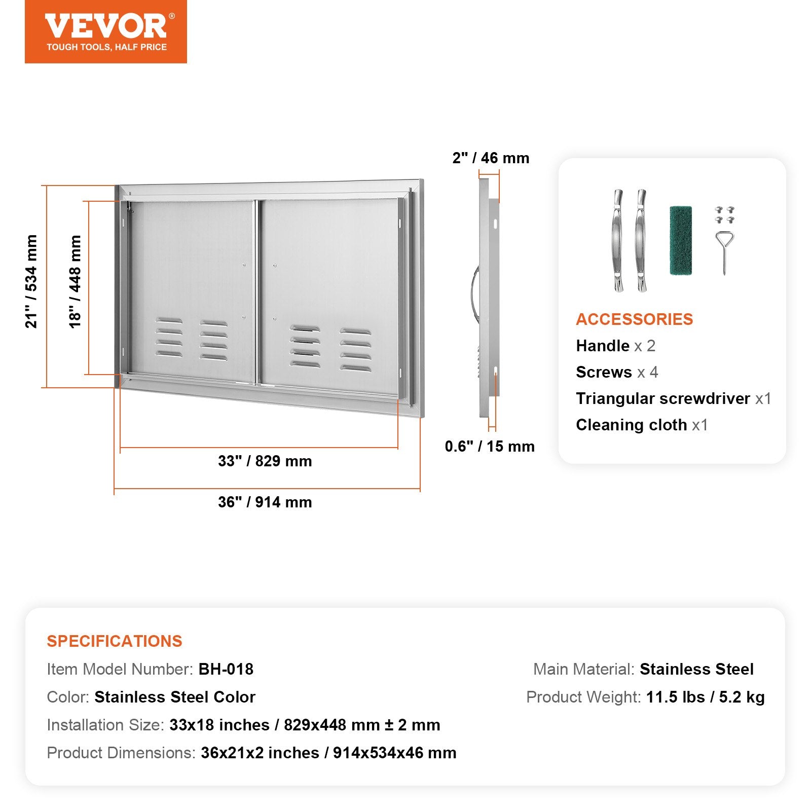 Lauko virtuvės durelės VEVOR BH-018, 914x534 mm