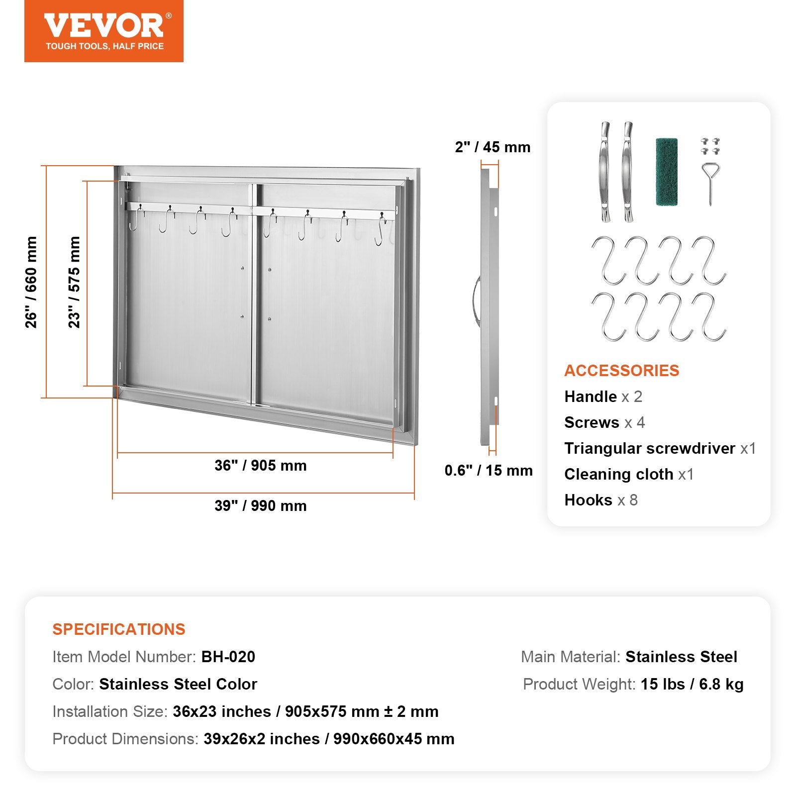 Lauko virtuvės durelės VEVOR BH-020, 990x660 mm