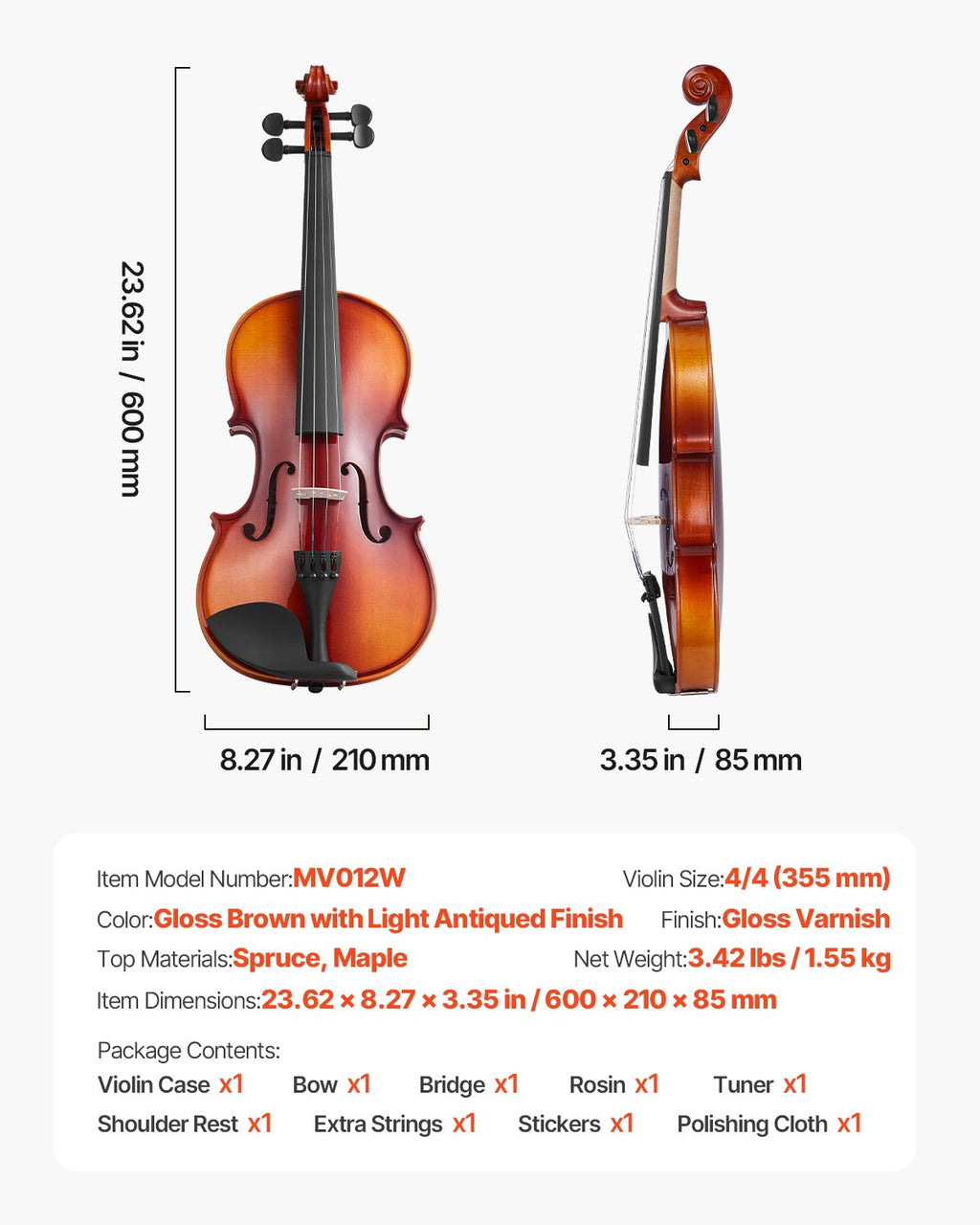 Smuikas VEVOR MV012W, 4/4 dydžio pilnas komplektas