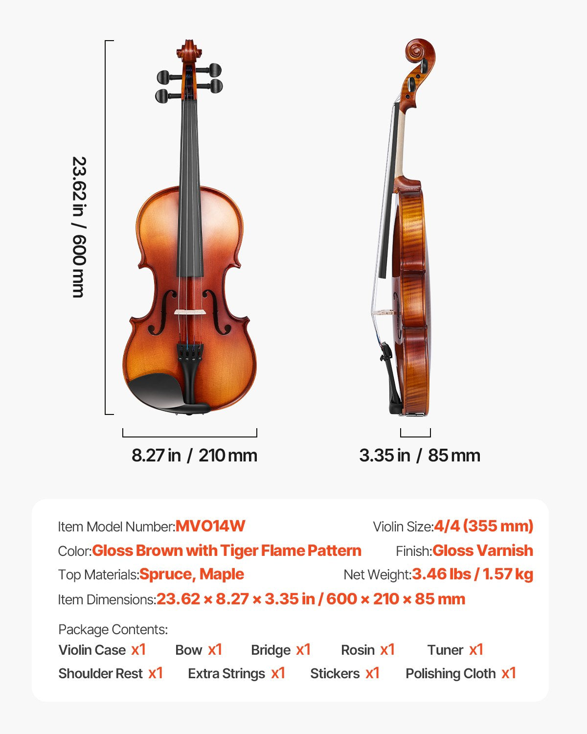 Smuikas VEVOR MVO14W, 4/4 dydis