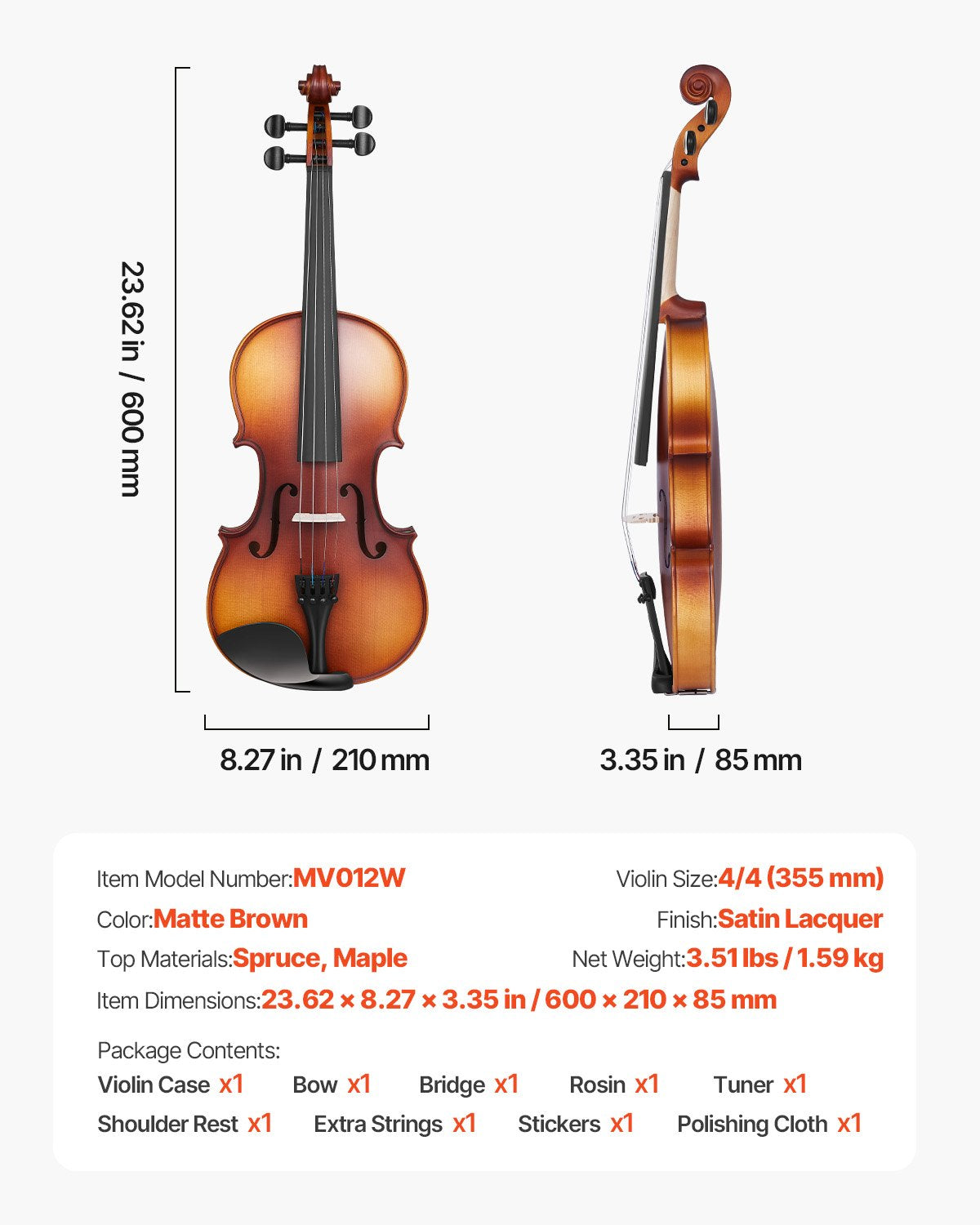Smuikas VEVOR MV012W, 4/4 pilno dydžio rinkinys