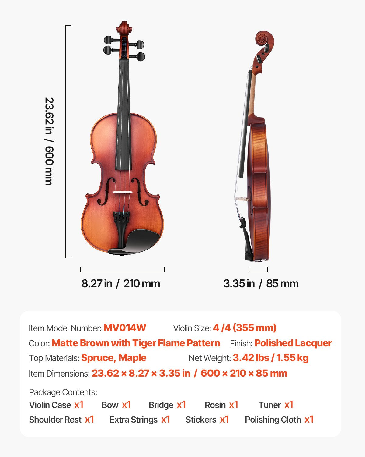 Smuikas VEVOR MVO14W, 4/4 dydis