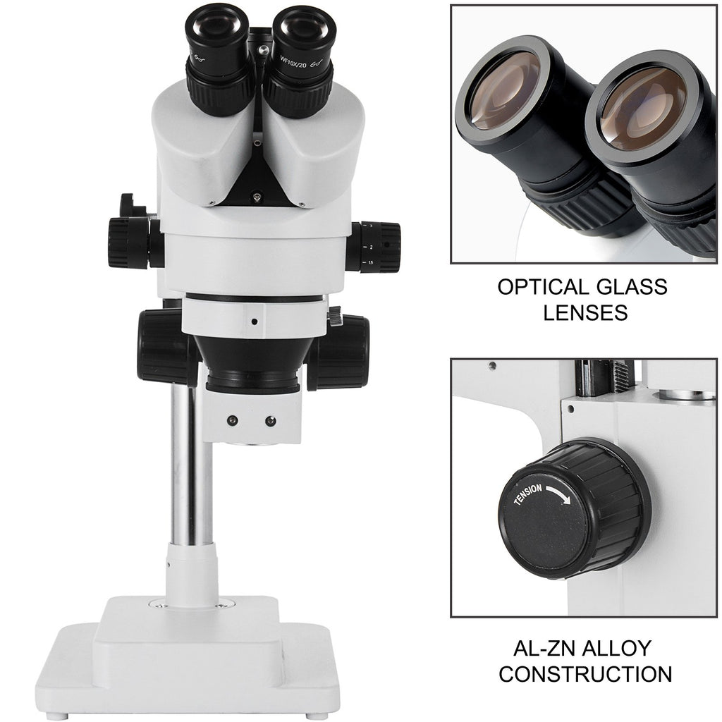 Trinokulinis stereo mikroskopas VEVOR 3.5X-90X, su dviguba alkūne