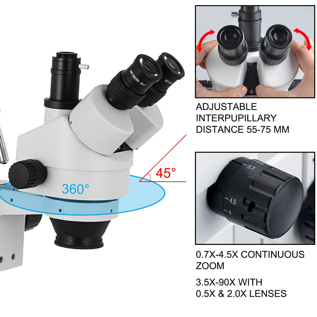 Trinokulinis stereo mikroskopas VEVOR 3.5X-90X, su dviguba alkūne