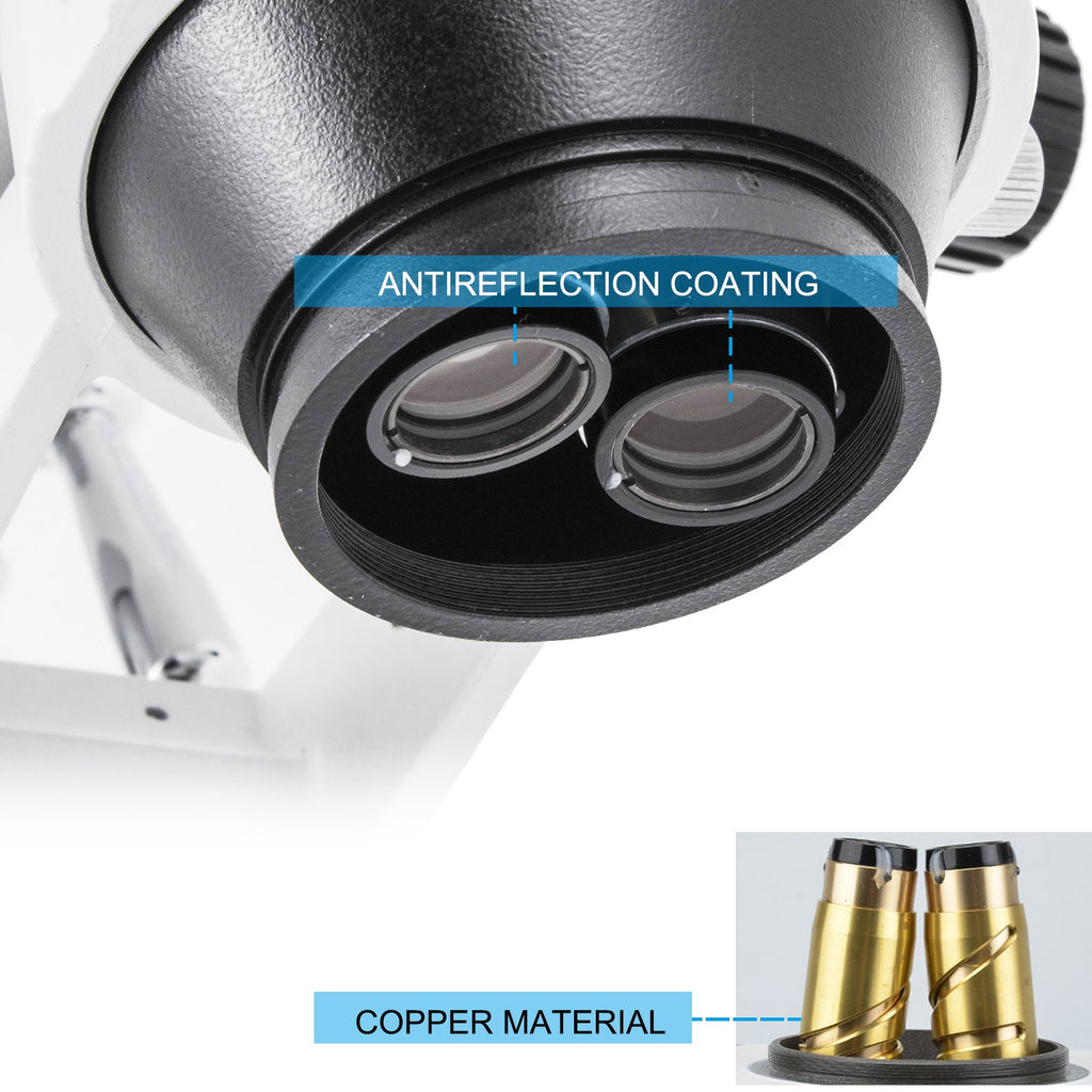 Trinokulinis stereo mikroskopas VEVOR 3.5X-90X, su dviguba alkūne