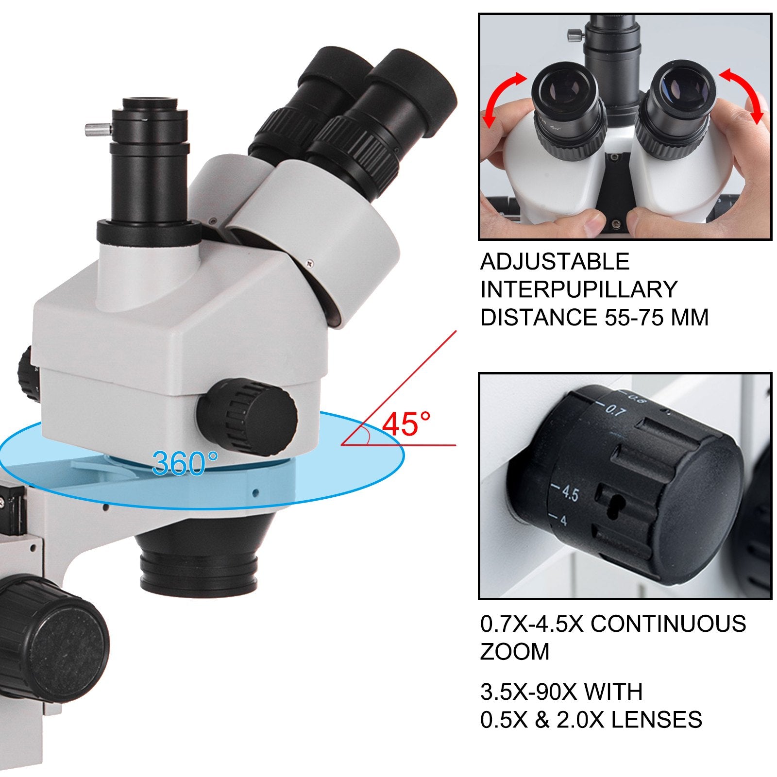 Trinokulinis stereomikroskopas VEVOR 3.5X-90X, 3,5X–90X didinimas