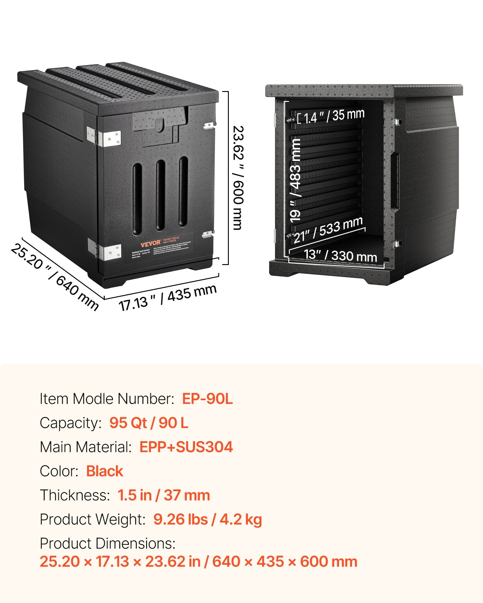 Termoizoliacinė maisto transportavimo dėžė VEVOR EP-90L, 90 l