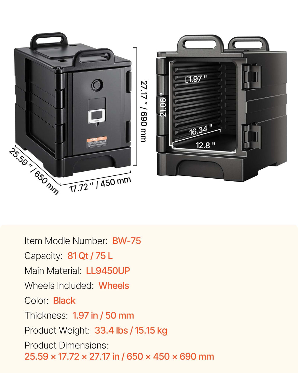 Termo konteineris maistui VEVOR BW-75, 75 l
