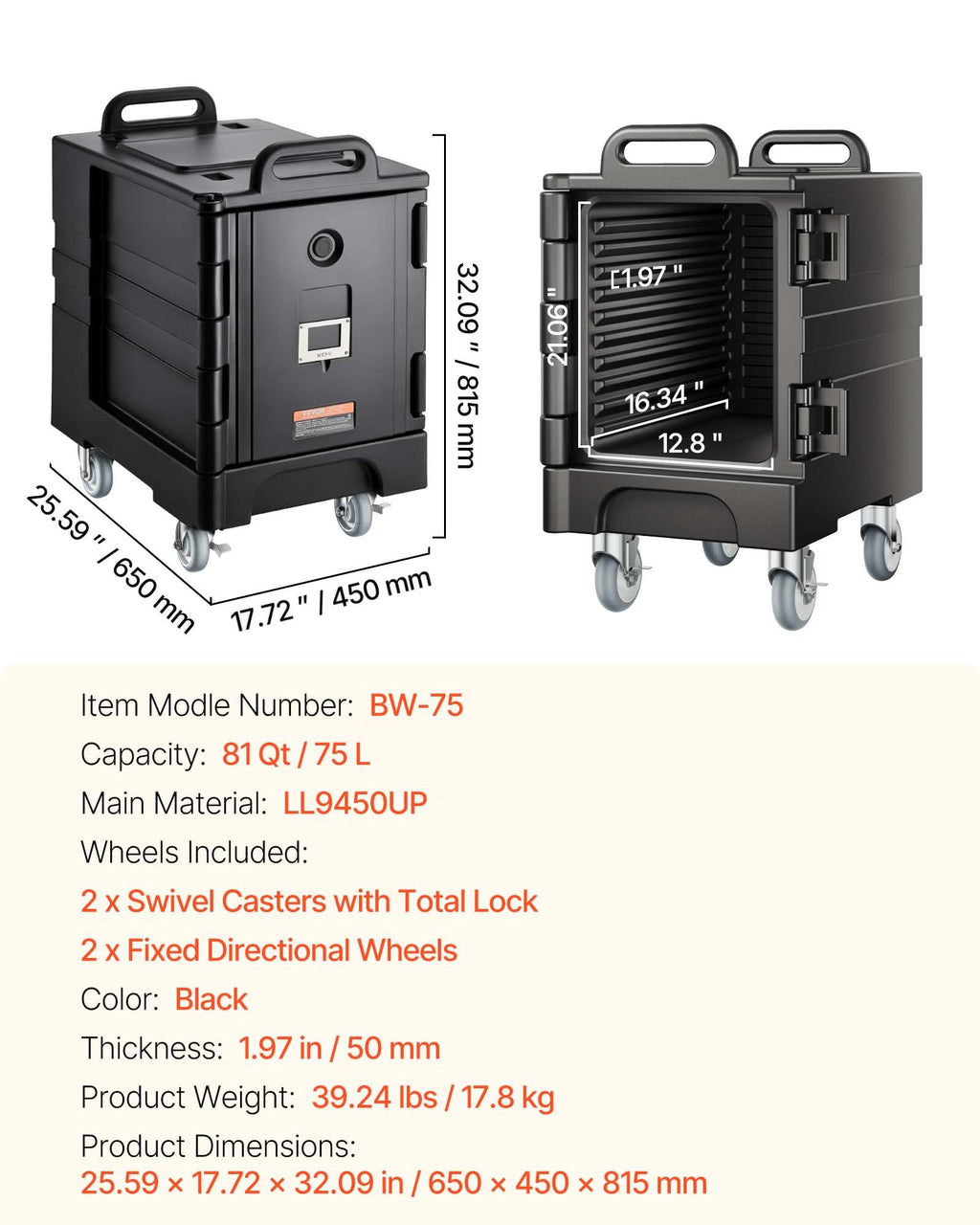 Termo konteineris maistui VEVOR BW-75, 75 l