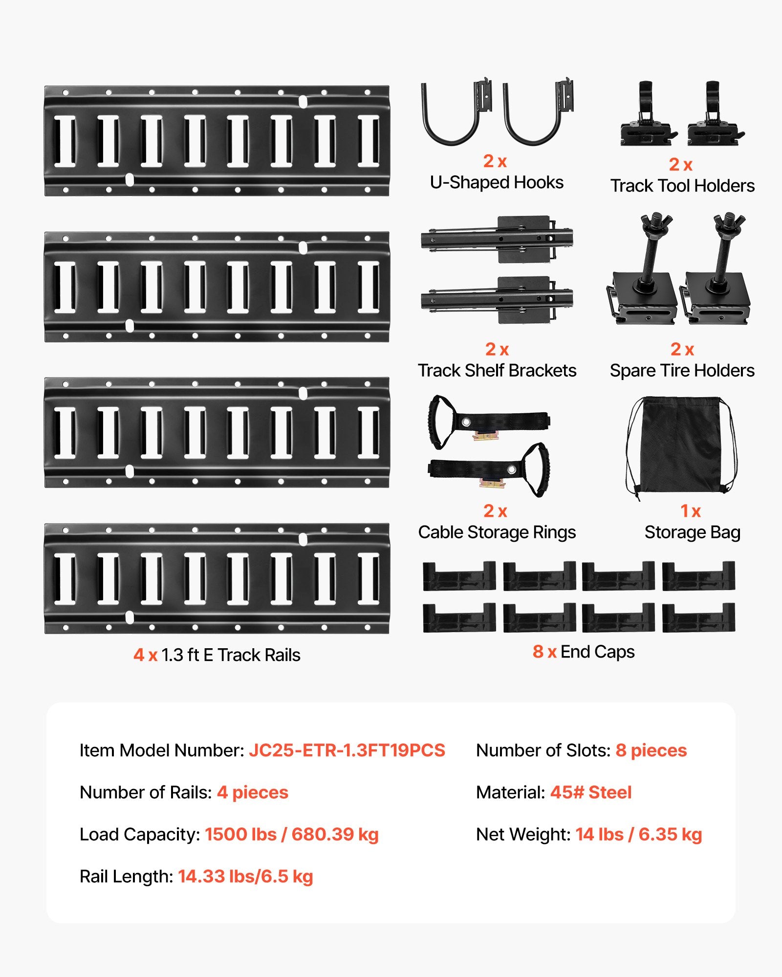 E-Track tvirtinimo bėgelių rinkinys VEVOR JC25-ETR-1.3FT19PCS, 19 dalių