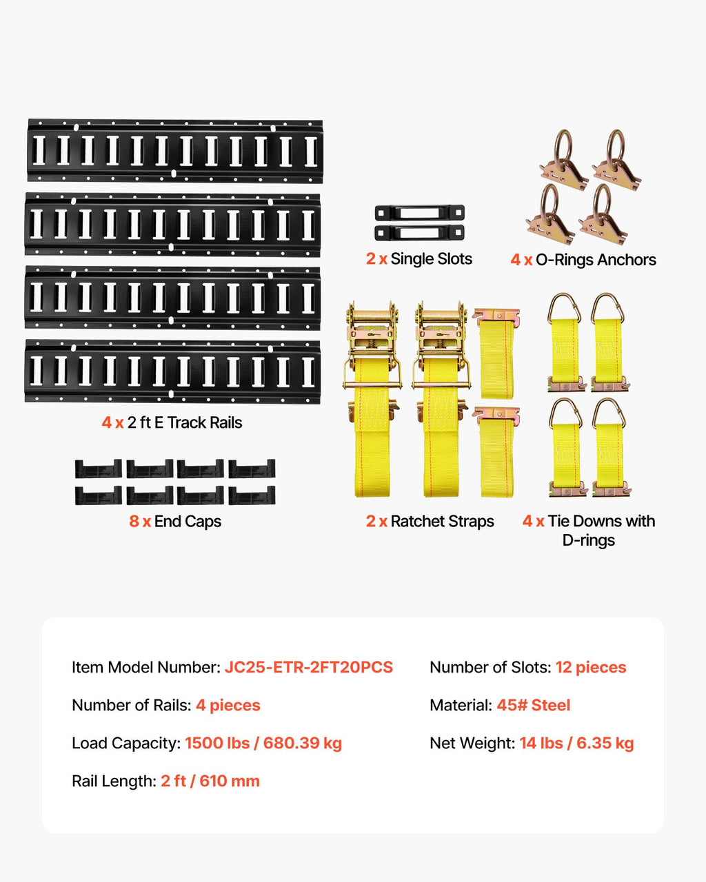 E-Track krovinių tvirtinimo bėgelių komplektas VEVOR JC25-ETR-2FT20PCS, 4 vnt. po 0,6 m