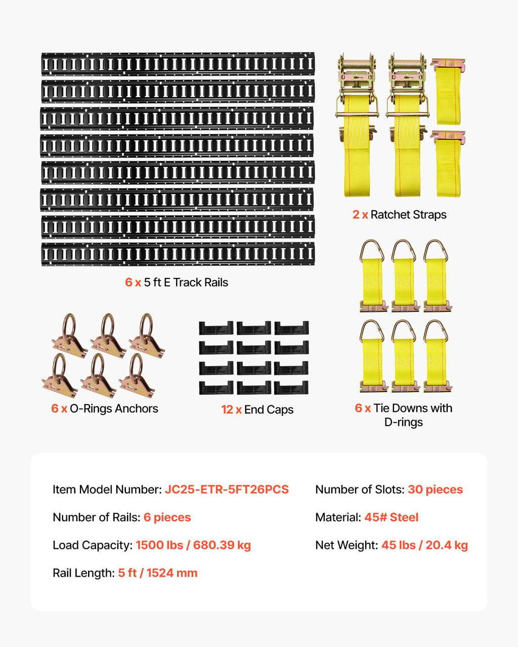Krovinių tvirtinimo bėgelių komplektas VEVOR JC25-ETR-5FT26PCS, 6 vnt. po 1,5 m