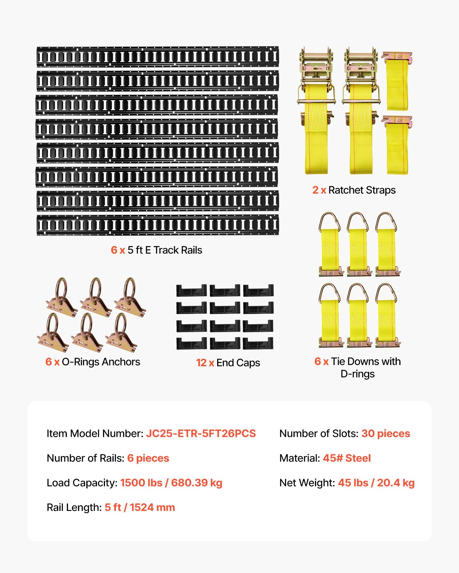 Krovinių tvirtinimo bėgelių komplektas VEVOR JC25-ETR-5FT26PCS, 6 vnt. po 1,5 m
