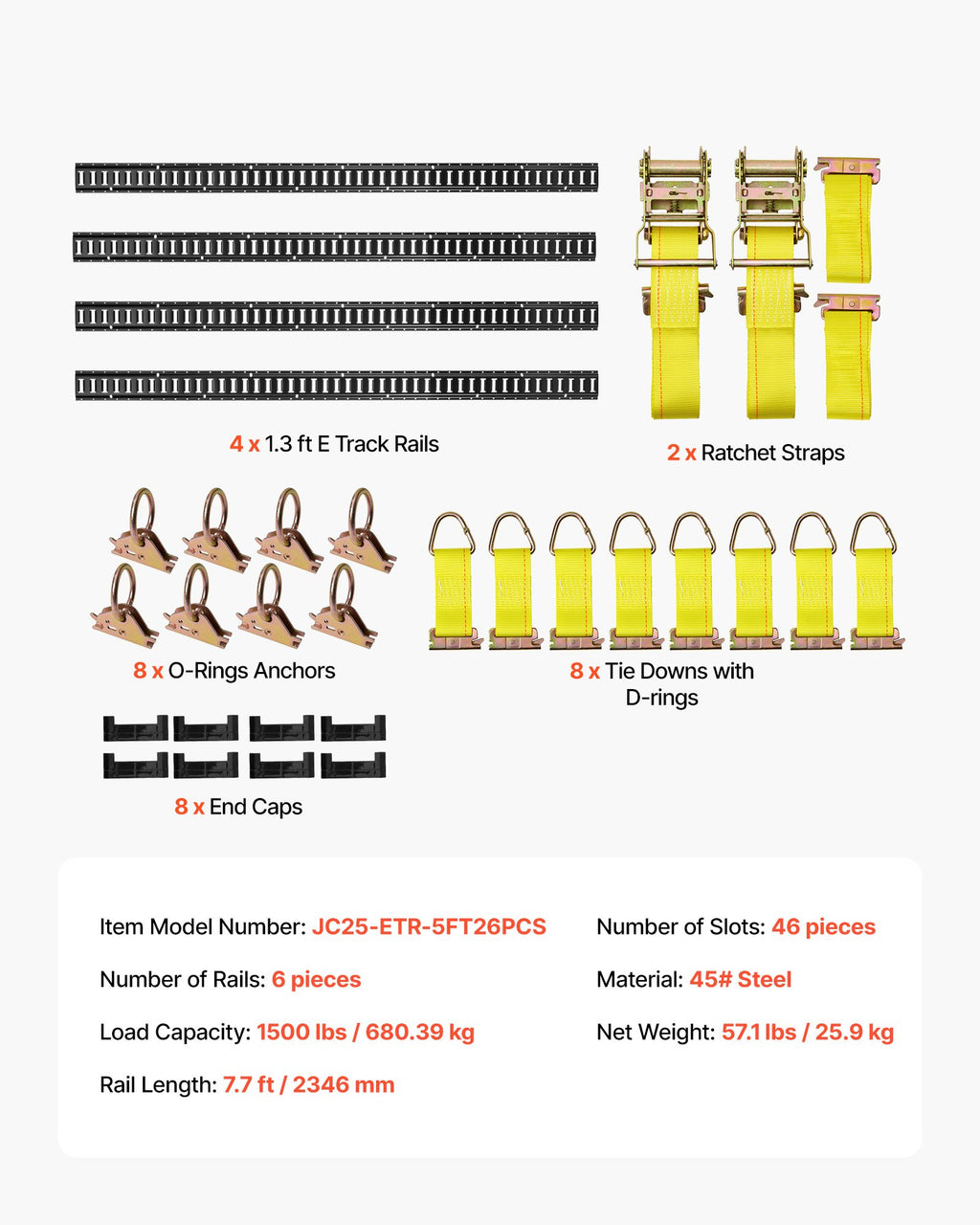 E-Track tvirtinimo bėgelių rinkinys VEVOR JC25-ETR-7.7FT26PCS, 2,3 m