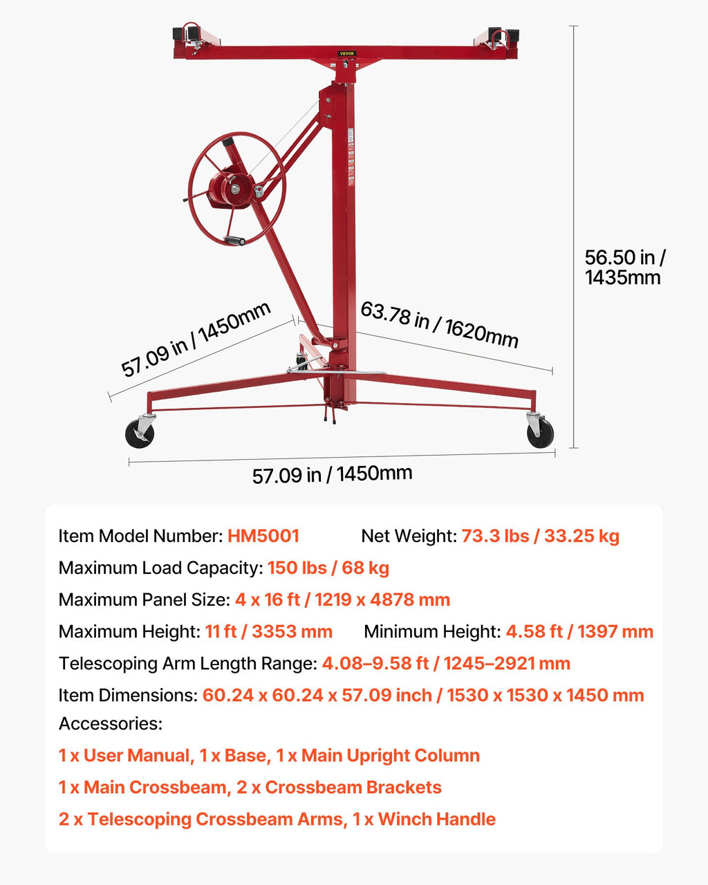 Gipso kartono plokščių keltuvas VEVOR HM5001, 68 kg