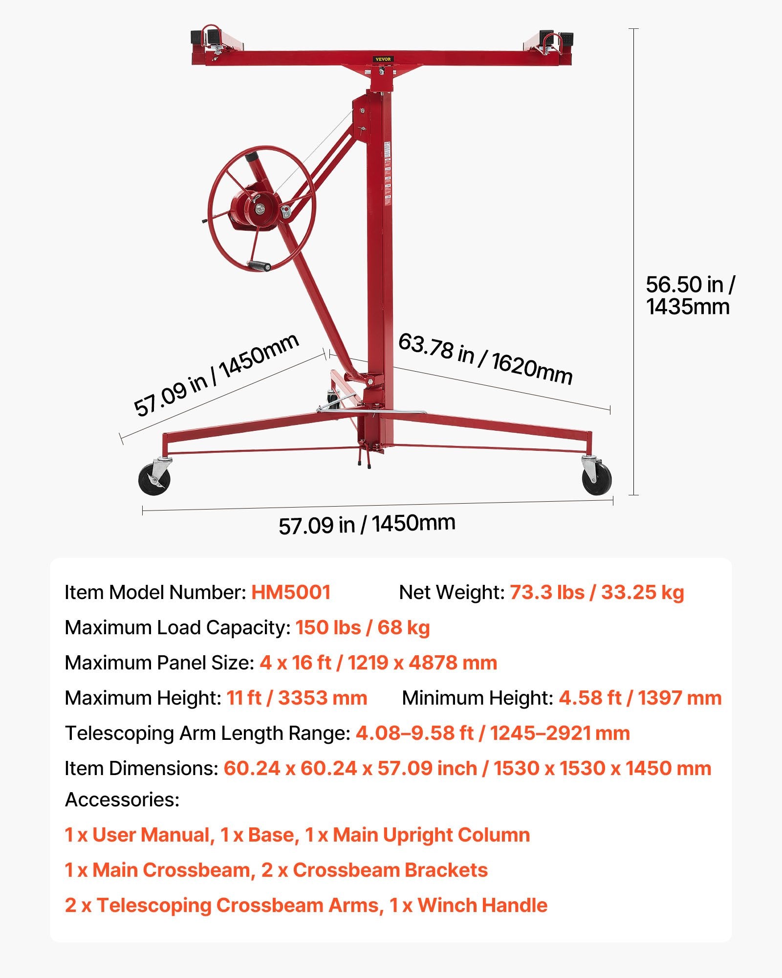 Gipso kartono plokščių keltuvas VEVOR HM5001, 68 kg