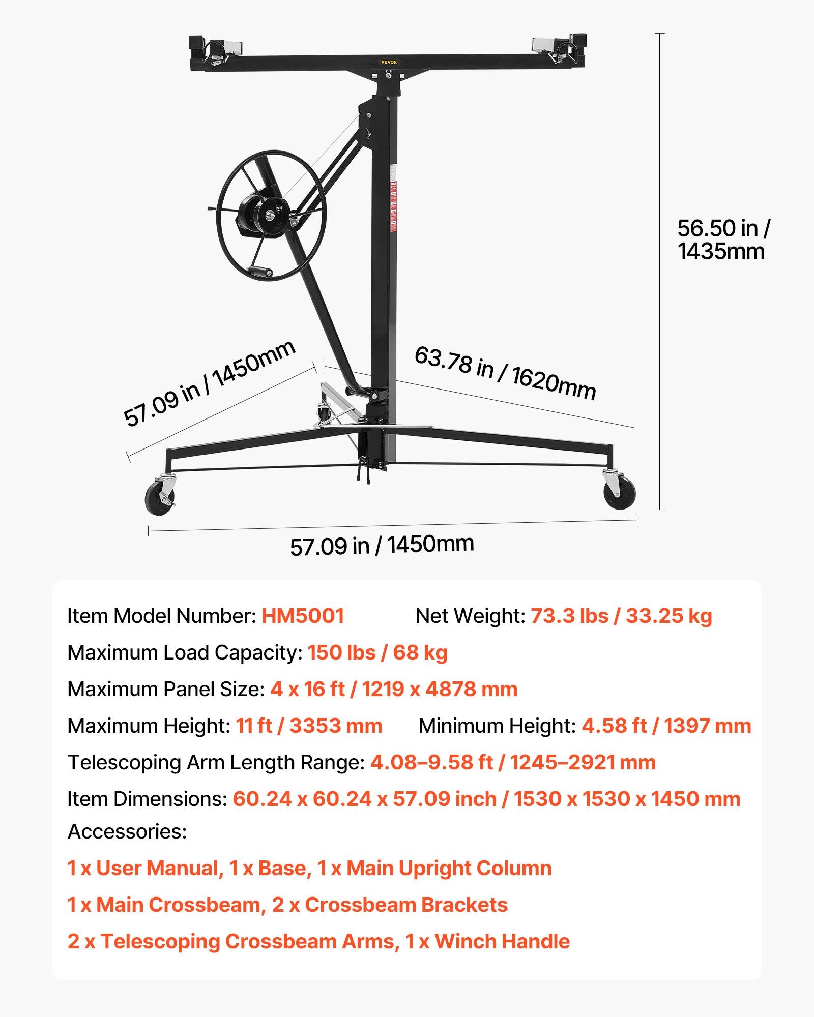 Gipso kartono plokščių keltuvas VEVOR HM5001, 3353 mm