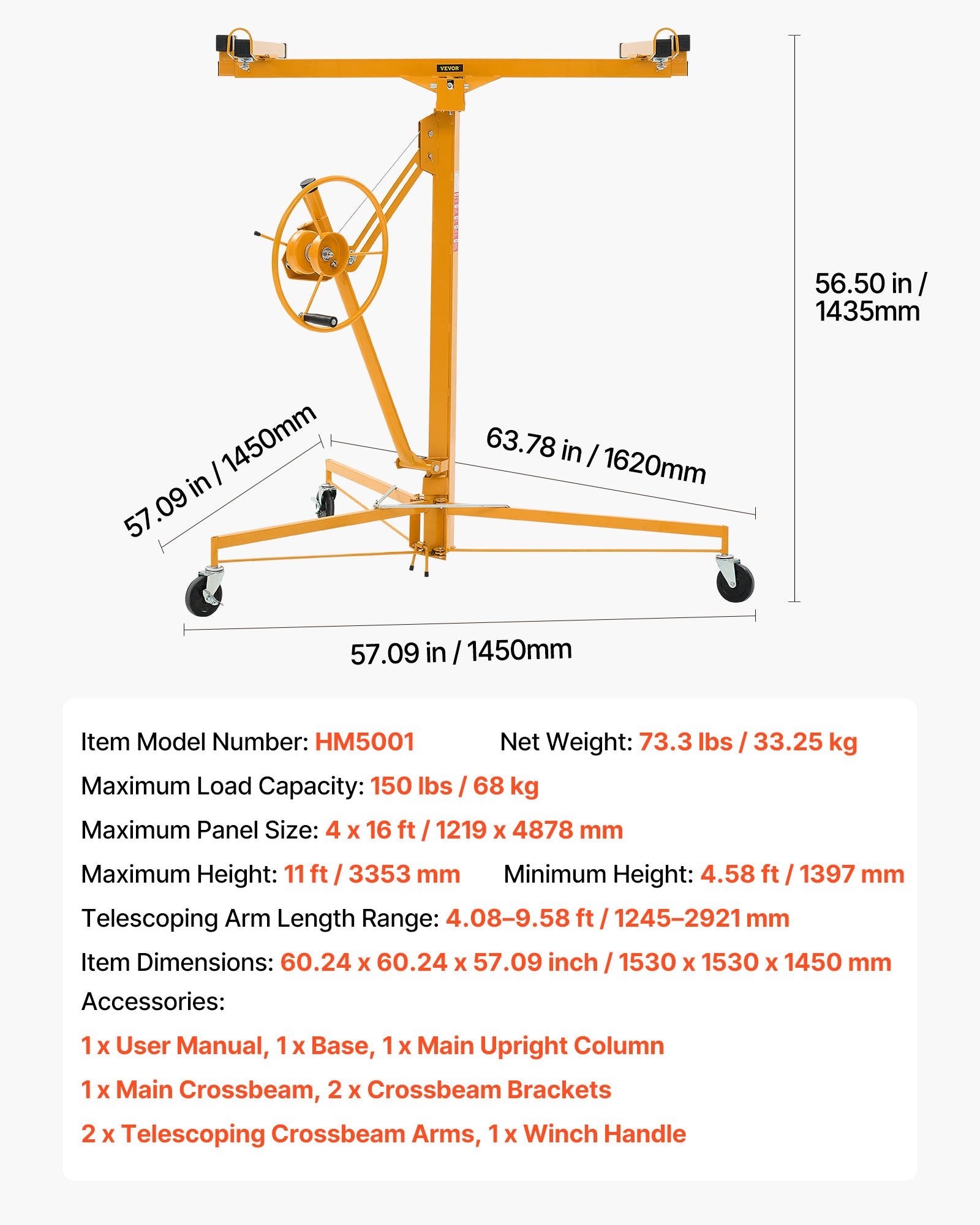 Gipso kartono plokščių keltuvas VEVOR HM5001, 3353 mm