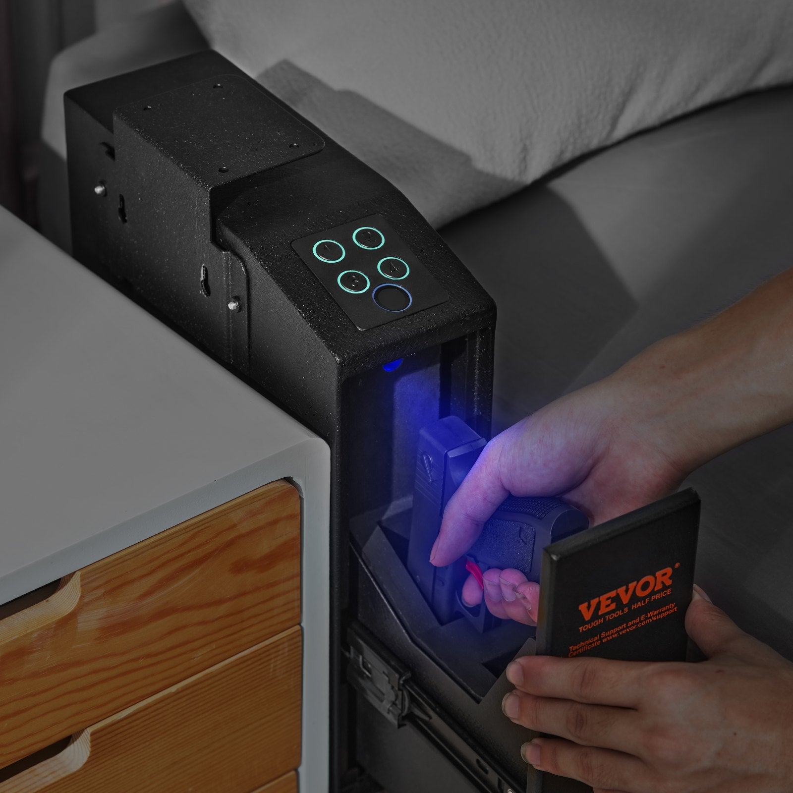 Biometrinis pistoletų seifas VEVOR AL300, 3 atrakinimo būdai