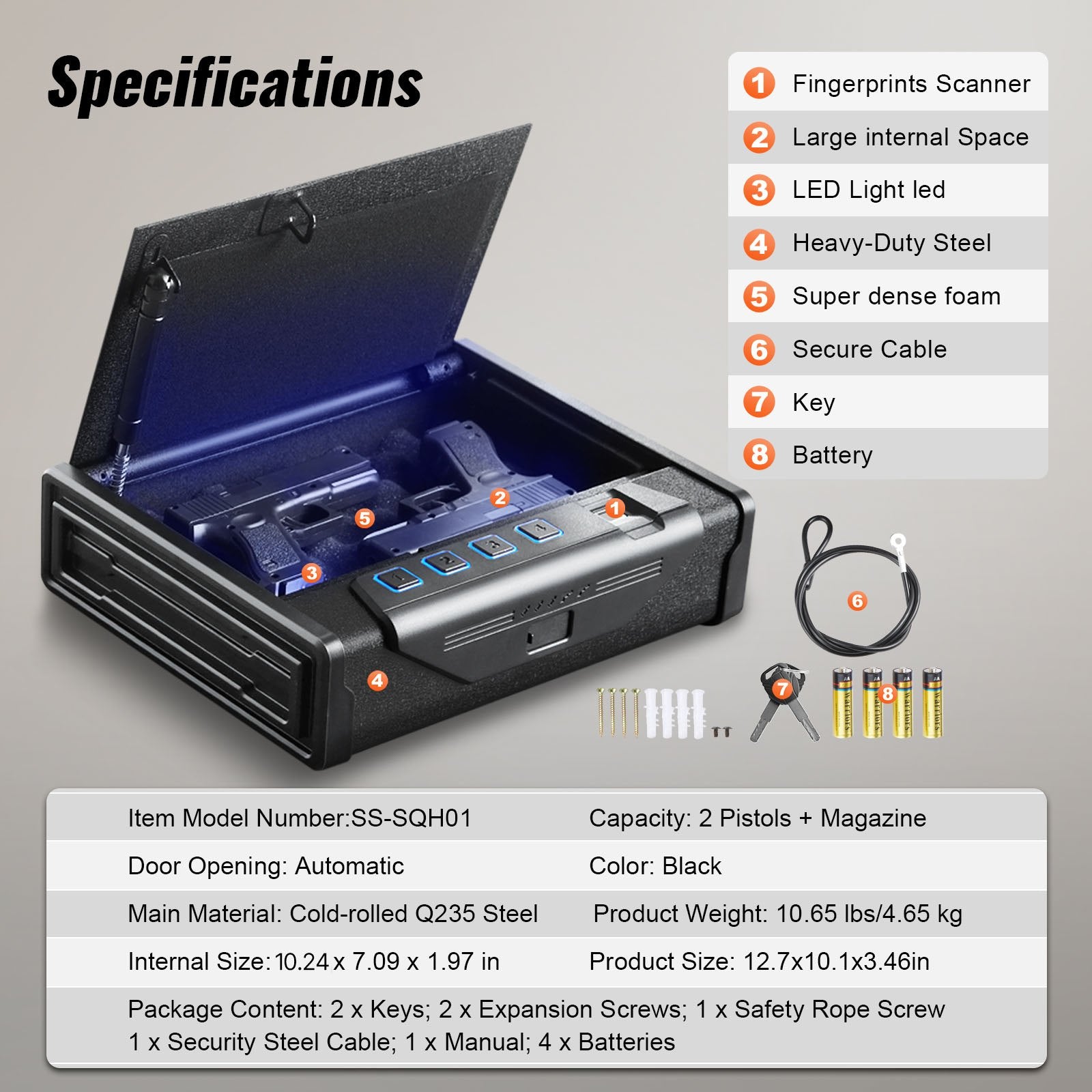 Seifas pistoletams VEVOR SS-SQH01, biometrinis