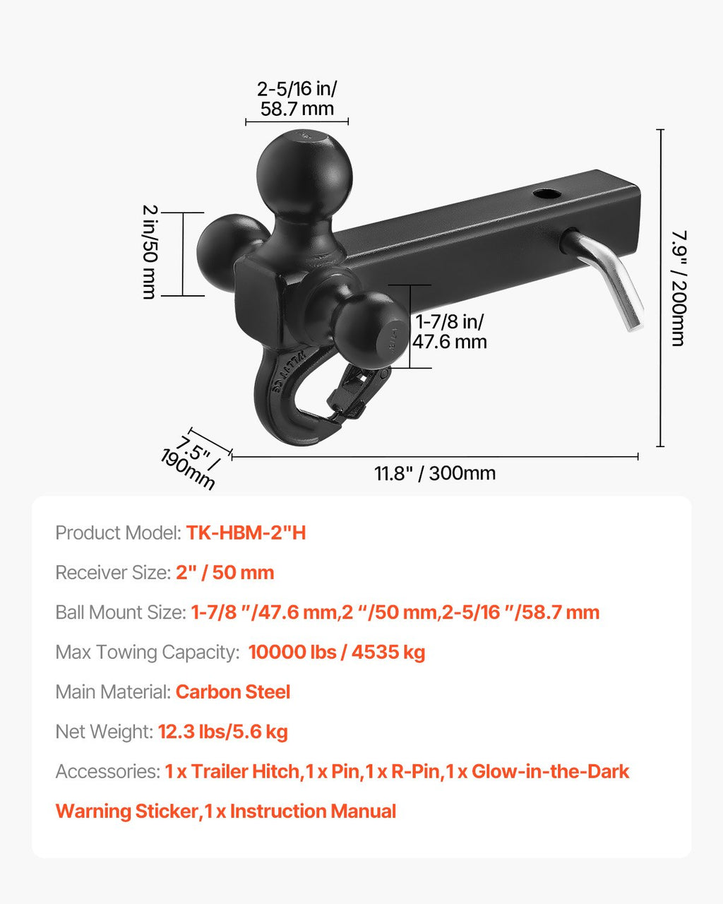 Priekabos kablys VEVOR TK-HBM-2"H, 4535 kg keliamoji galia