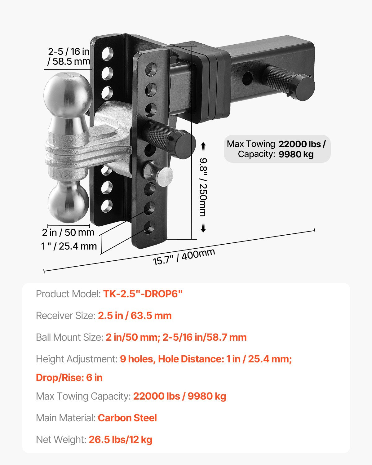 Reguliuojamas priekabos kablys VEVOR TK-2.5"-DROP6", 9980 kg keliamoji galia