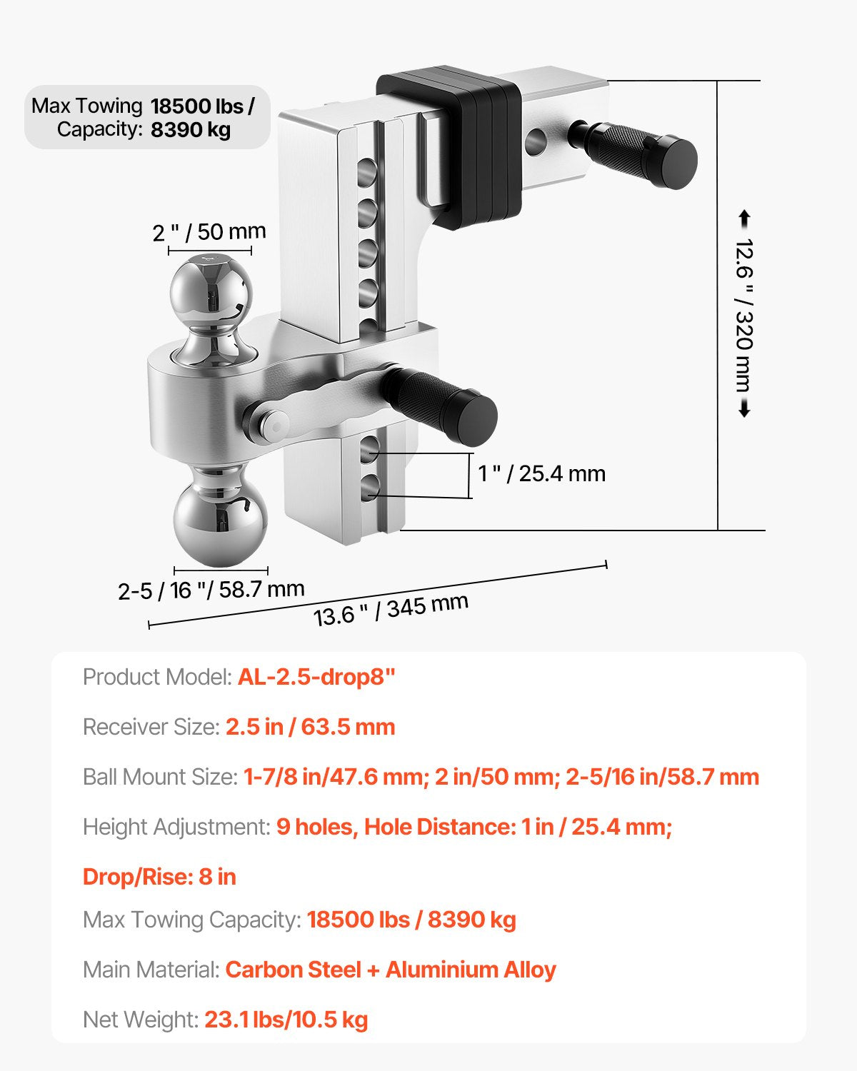 Reguliuojamas priekabos kablys VEVOR AL-2.5-drop8", 8390 kg keliamoji galia.