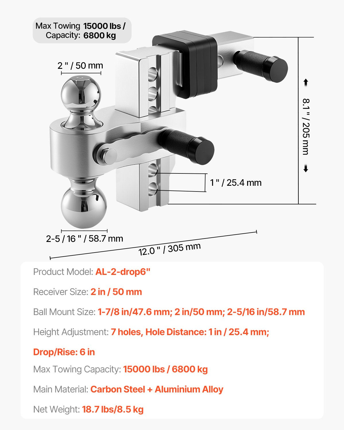 Reguliuojamas priekabos kablys VEVOR AL-2-drop6", 6800 kg galia