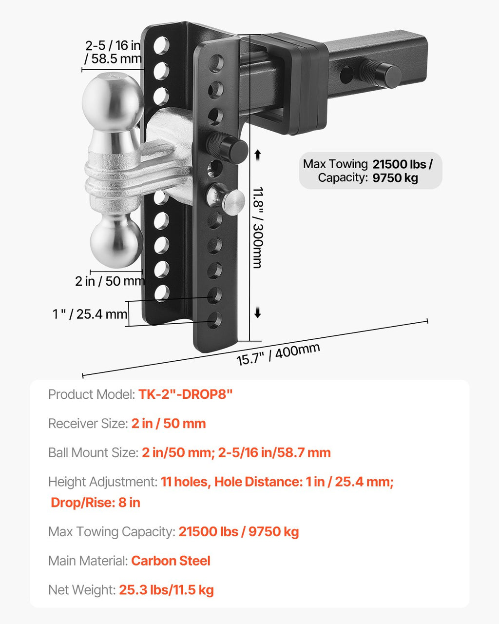Reguliuojamas priekabos kablys VEVOR TK-2"-DROP8", 9750 kg keliamoji galia