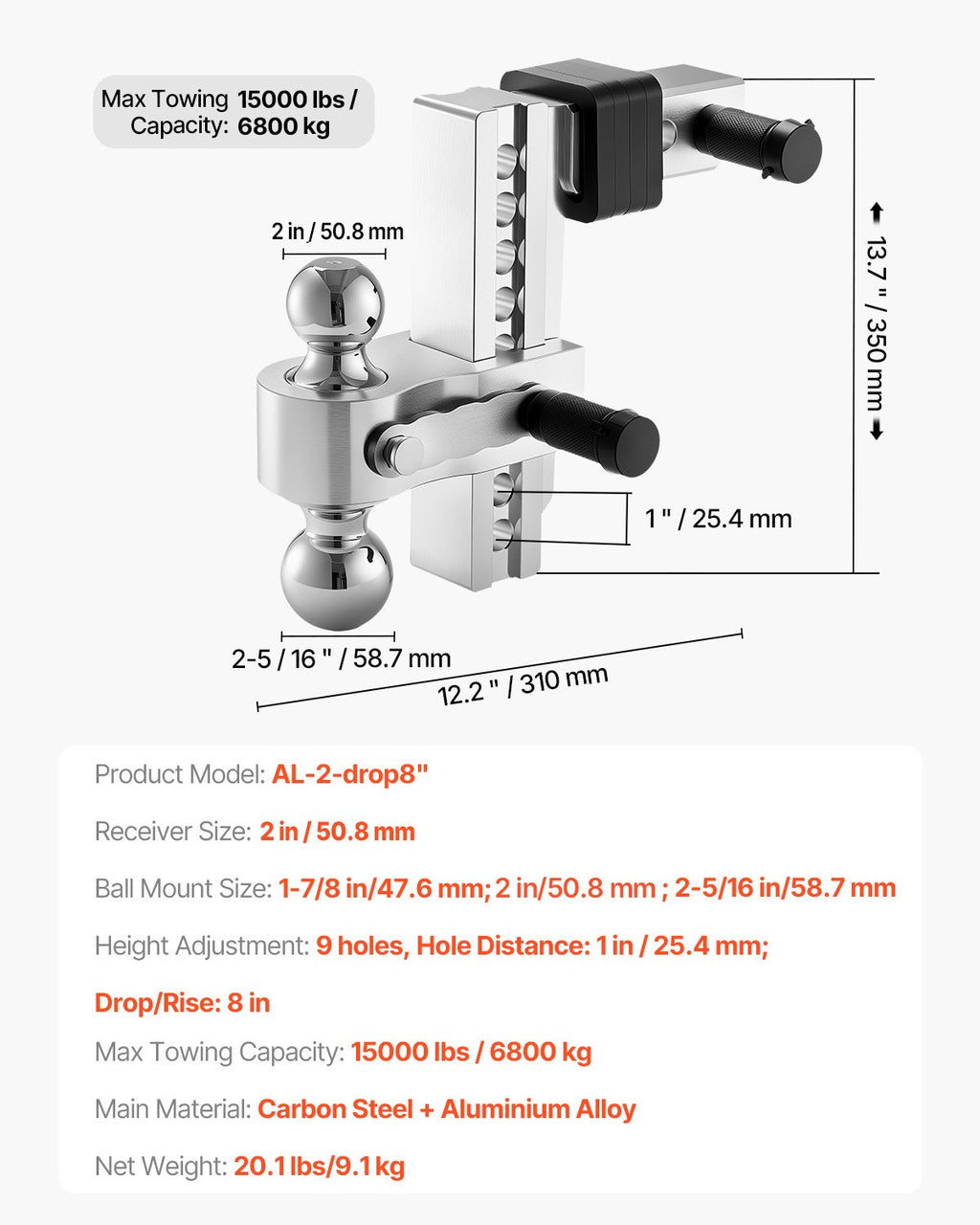 Reguliuojamas priekabos kablys VEVOR AL-2-drop8", 6800 kg keliamoji galia
