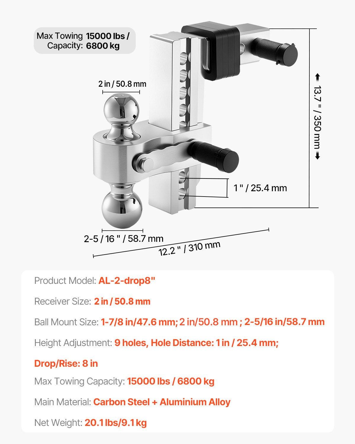 Reguliuojamas priekabos kablys VEVOR AL-2-drop8", 6800 kg keliamoji galia