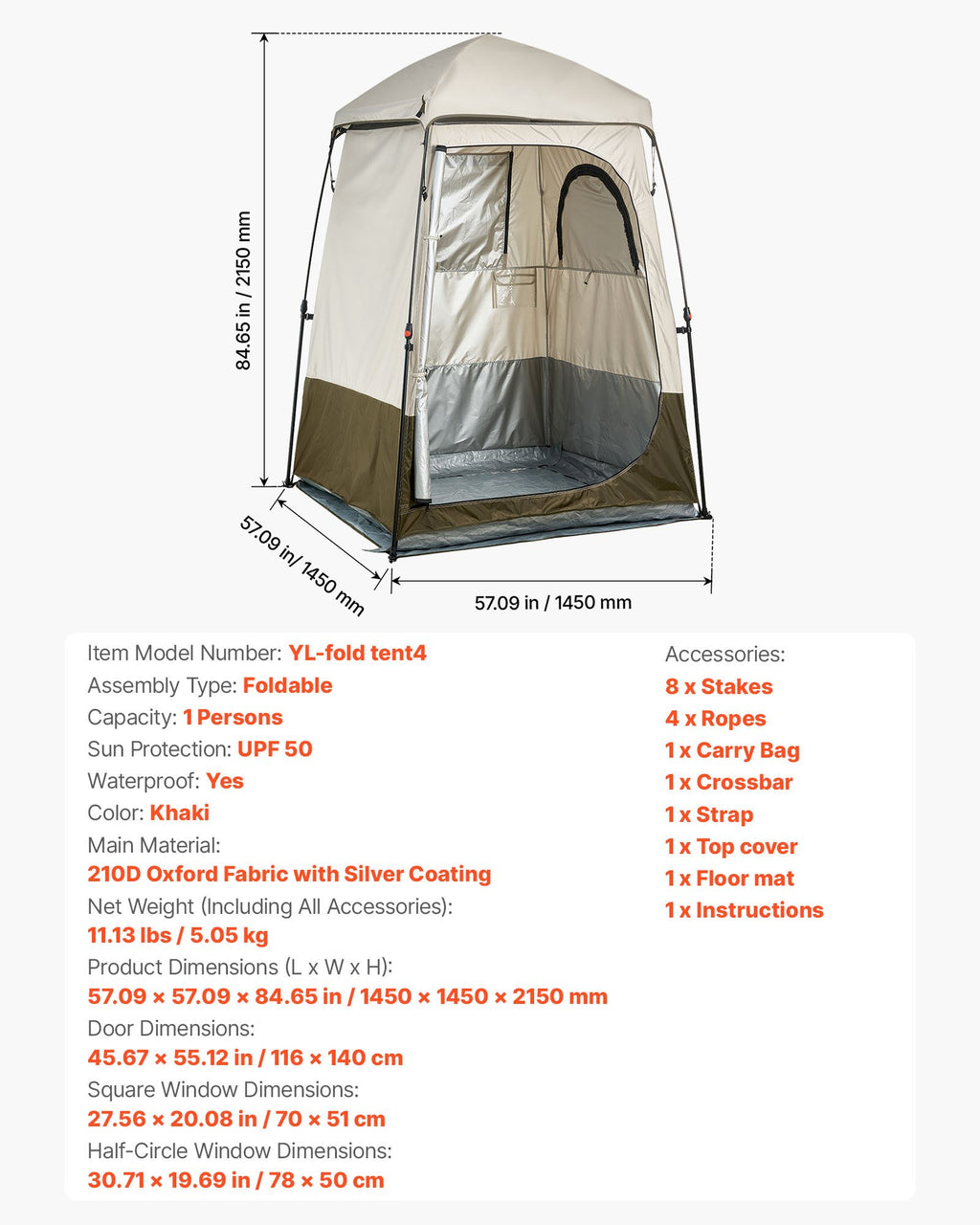 Dušo ir persirengimo palapinė VEVOR YL-fold tent4, 145x145x215 cm