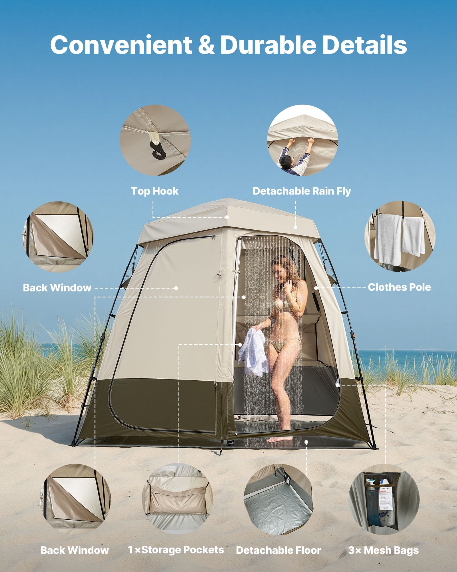 Dviejų dalių dušo ir persirengimo palapinė VEVOR YL-fold tent5, 250 cm ilgio