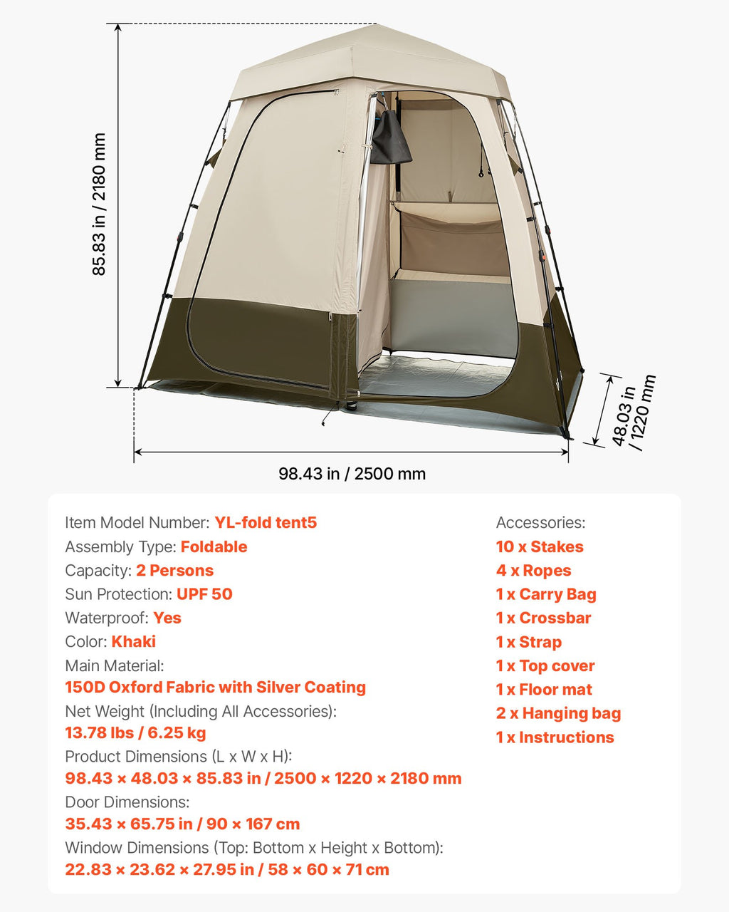 Dviejų dalių dušo ir persirengimo palapinė VEVOR YL-fold tent5, 250 cm ilgio