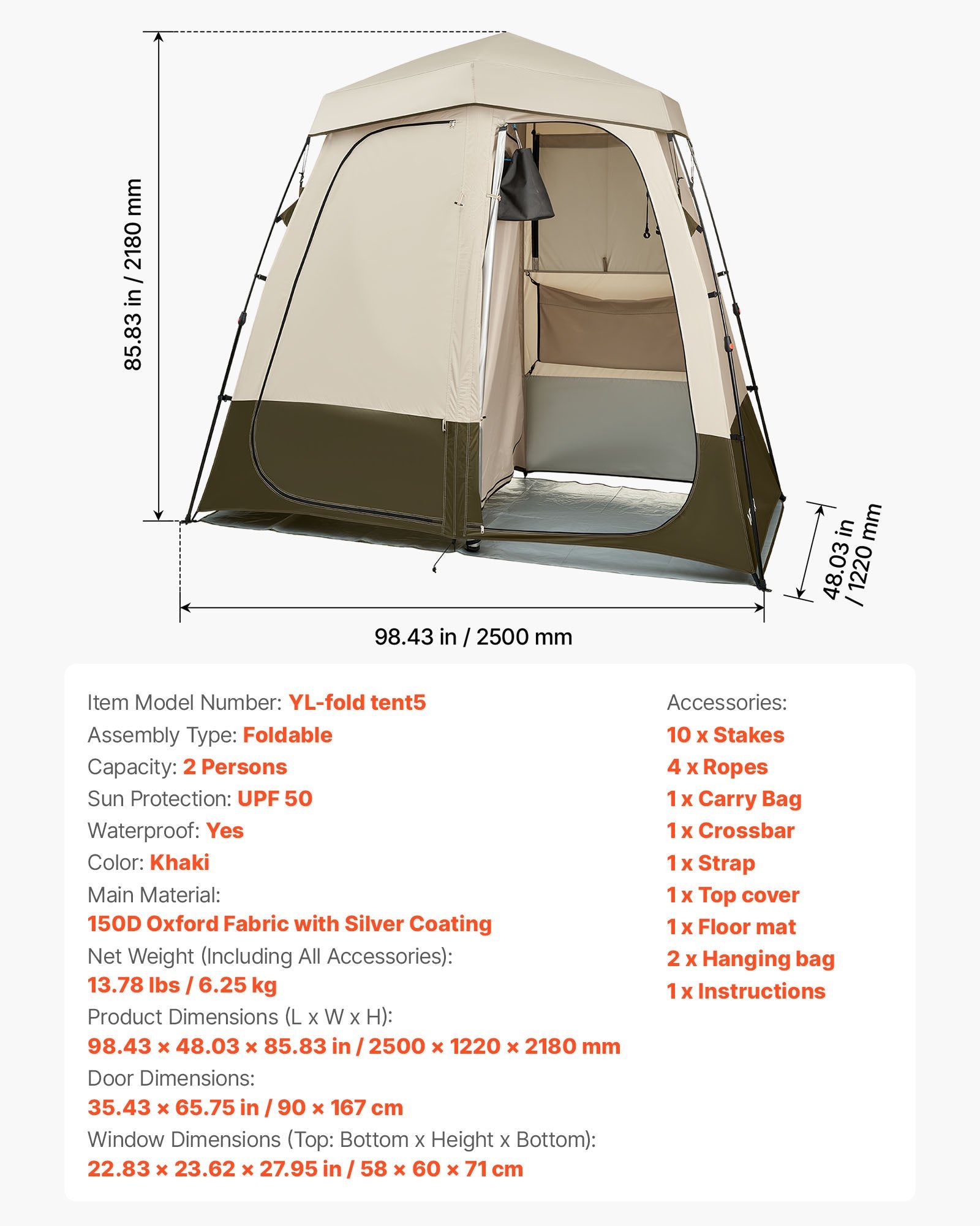 Dviejų dalių dušo ir persirengimo palapinė VEVOR YL-fold tent5, 250 cm ilgio