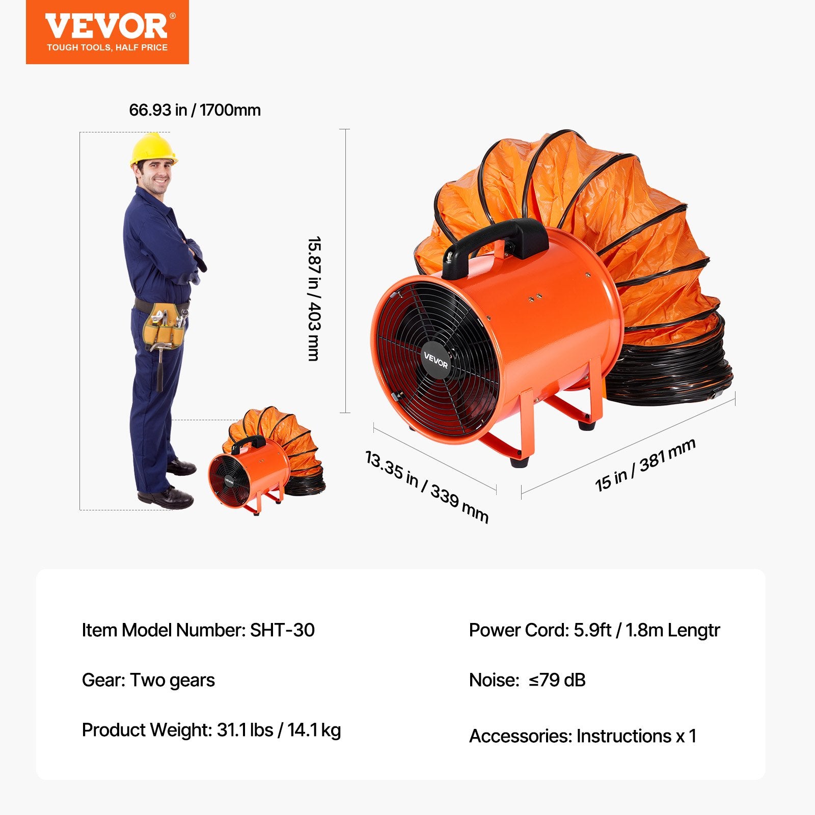 Pramoninis ventiliatorius VEVOR BT-SHT12A-U(D)10, 365 W