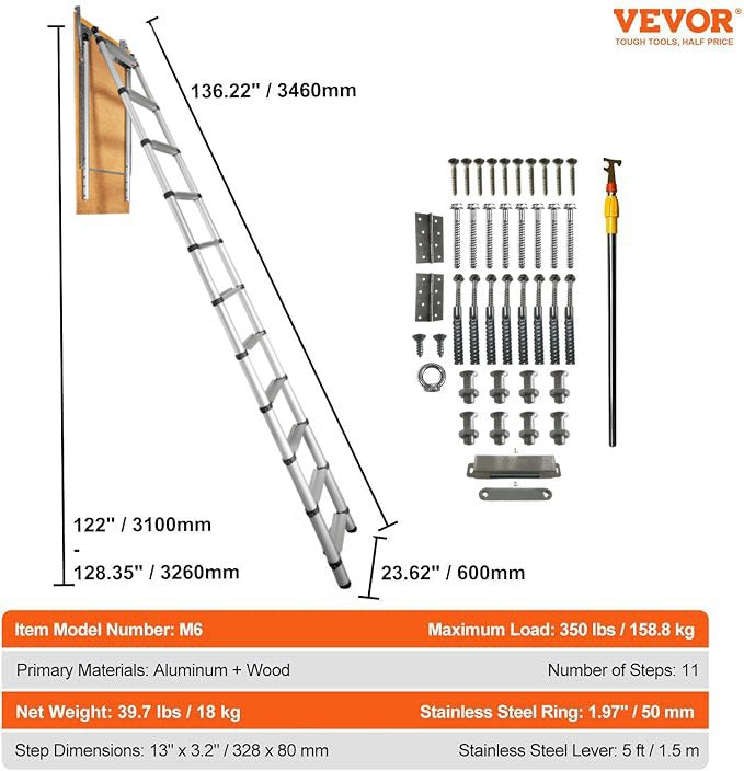 Teleskopinės palėpės kopėčios VEVOR M6, 158,8 kg keliamoji galia