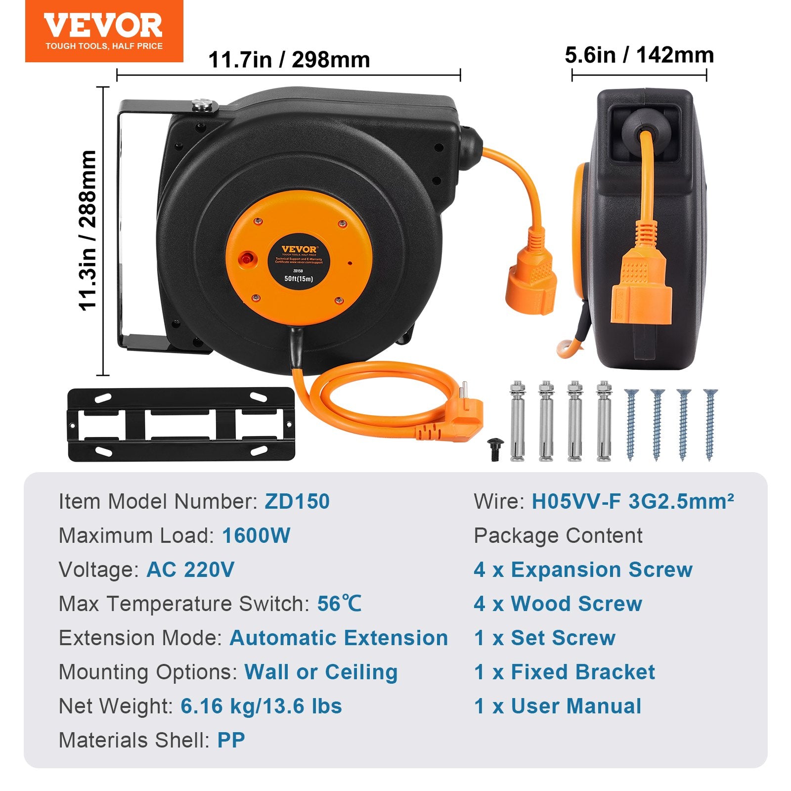 Automatinė prailginimo laido ritė VEVOR ZX-ZD150, 15 m