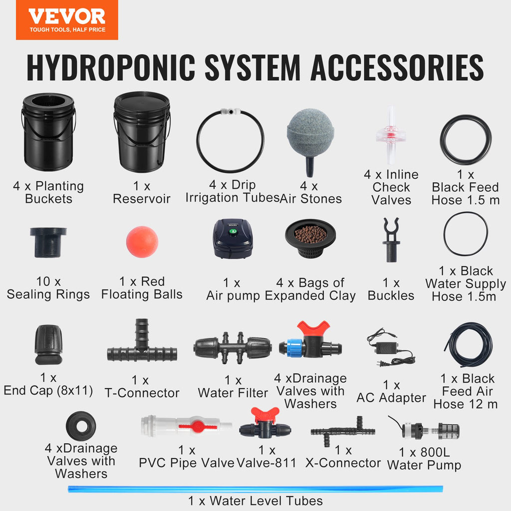 Hidroponinė sistema VEVOR RDWC EHW0104C-DR, 4 talpos po 18,9 l