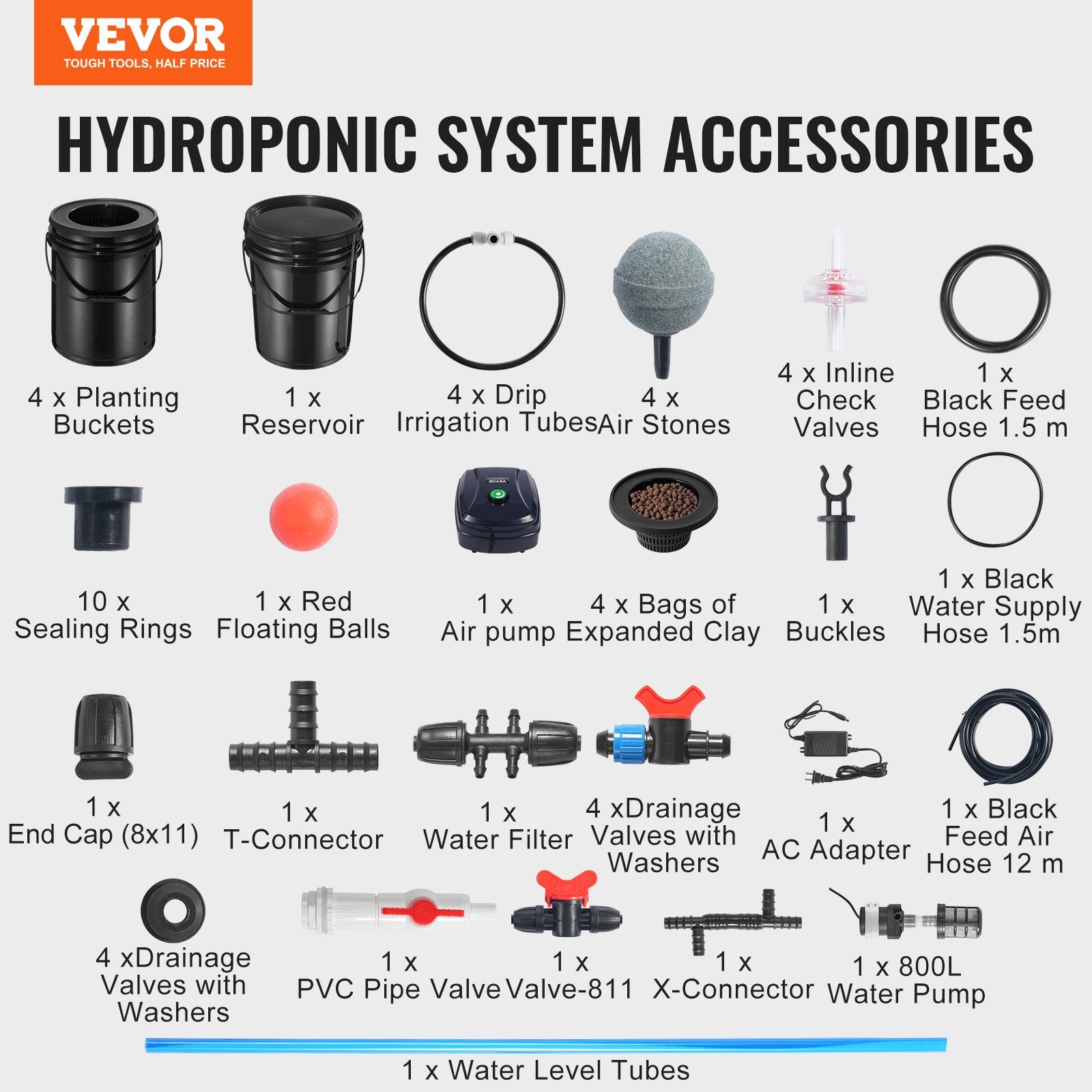 Hidroponinė sistema VEVOR RDWC EHW0104C-DR, 4 talpos po 18,9 l